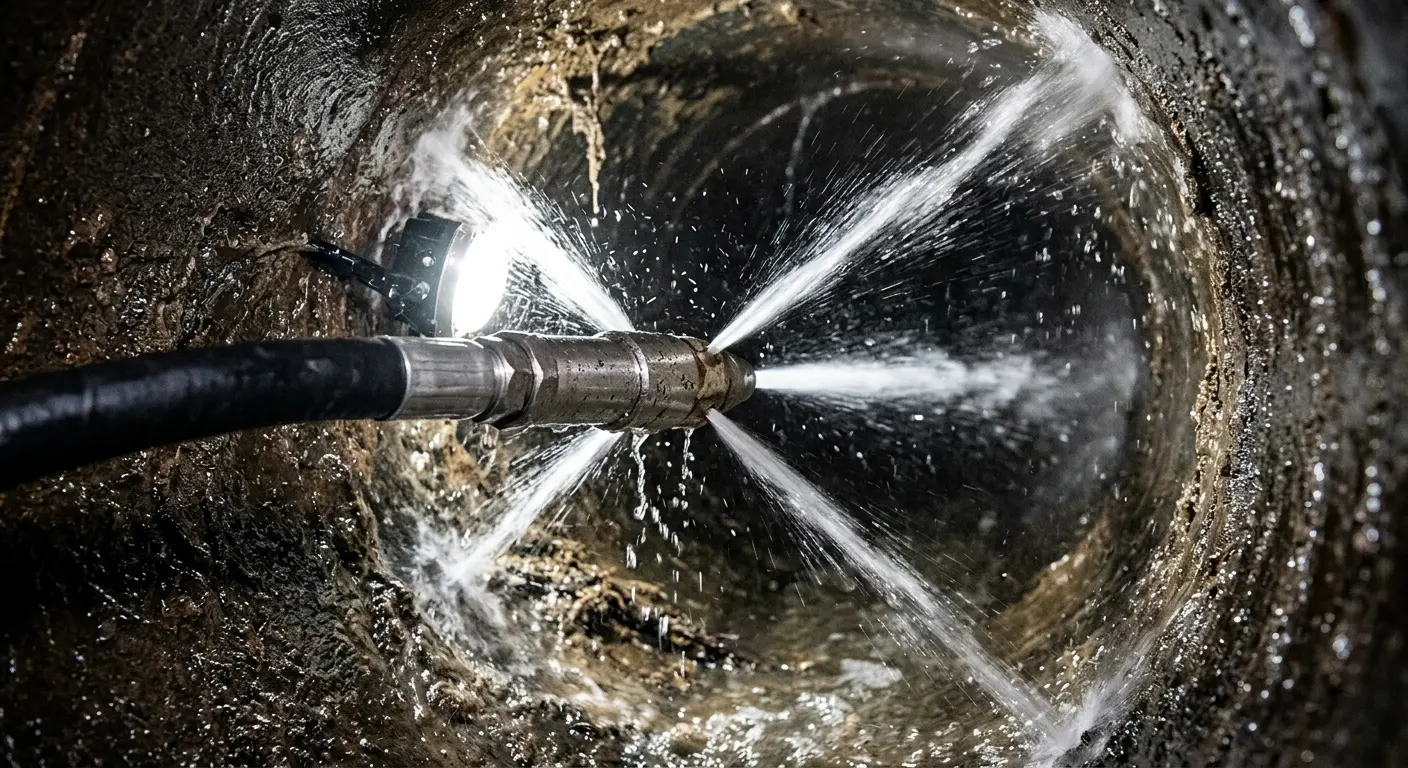 High-pressure hydro jetting nozzle cleaning sewer pipe for Sewer Cleanout in Brookfield