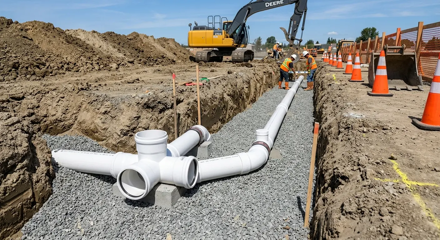 New PVC sewer pipe installation in open trench for Commercial Drain Cleaning in Brookfield