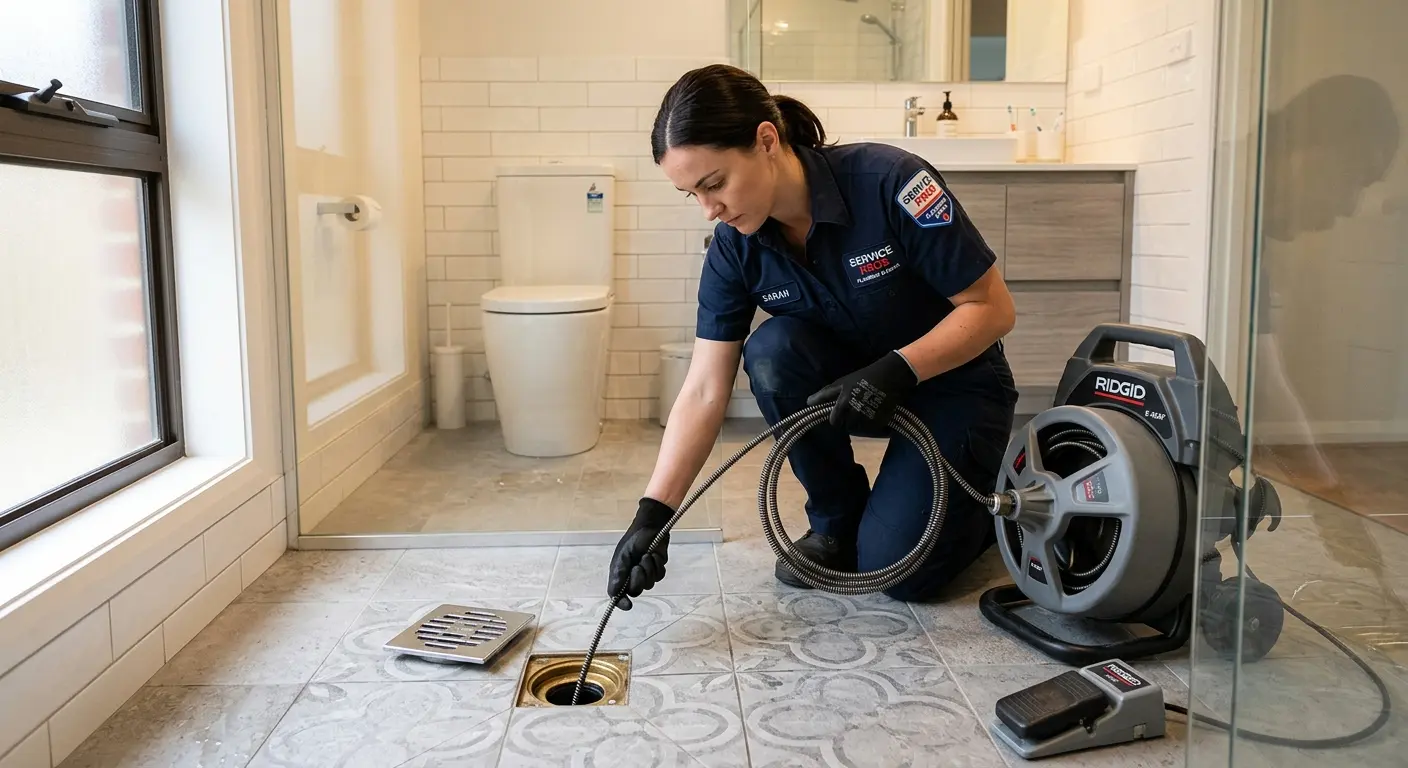 Technician clearing a bathroom floor drain for Drain Cleaning in Brookfield